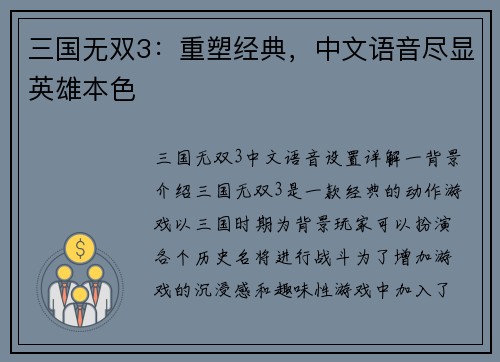 三国无双3：重塑经典，中文语音尽显英雄本色